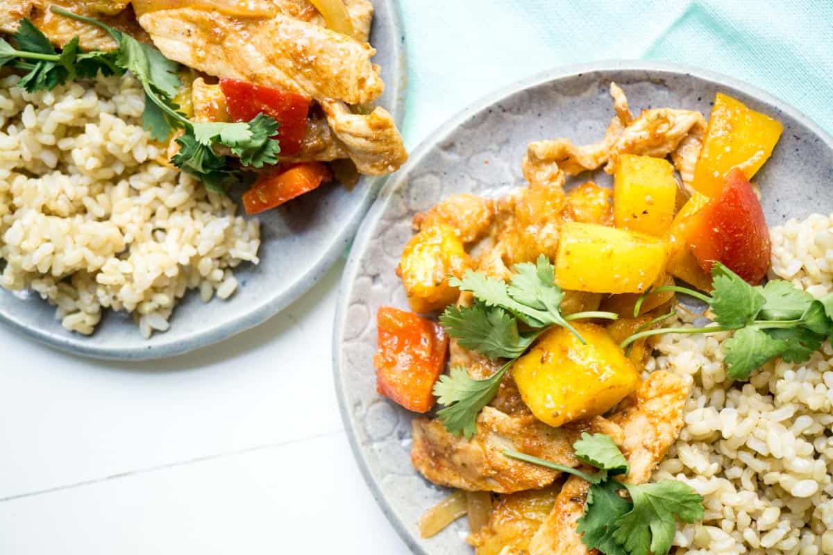 spicy pork with mango and rice 