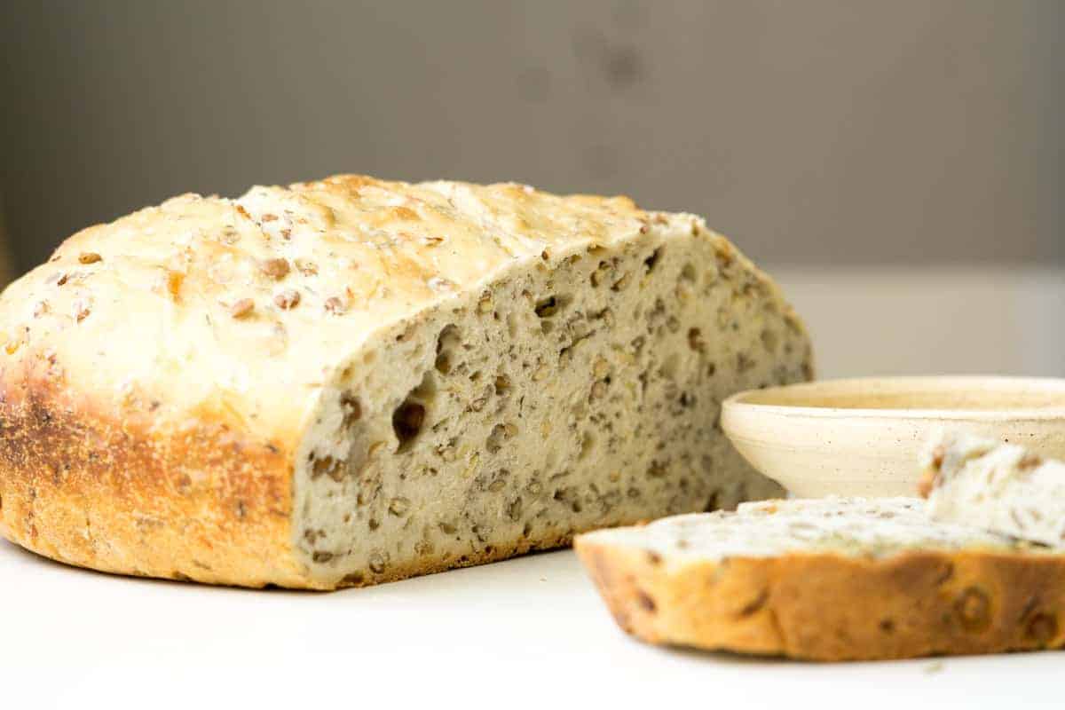 a photo of the bread from this herbed lentil sourdough sprouted bread recipe 