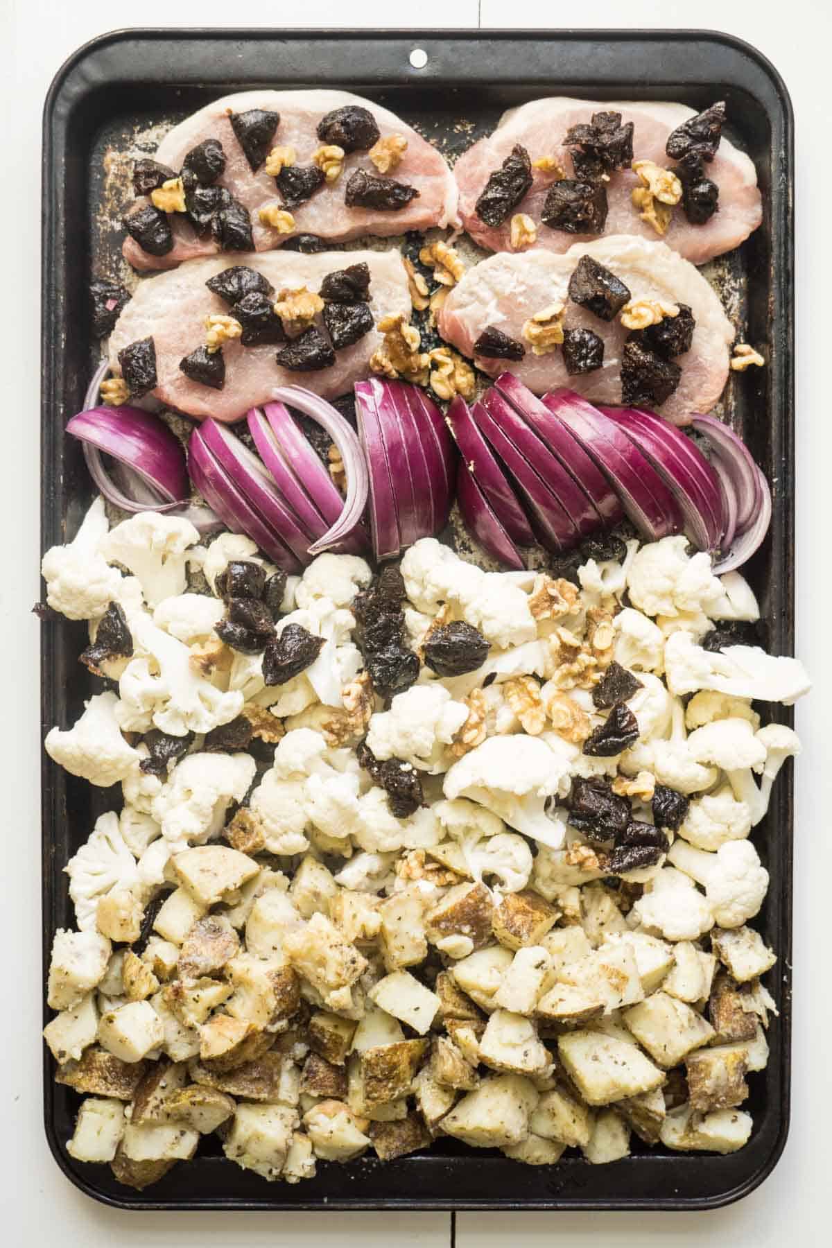 sheet pan dinner with pork and dried plums 