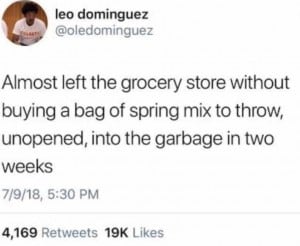 Almost left the grocery store without buying a bag of spring mix to throw, unopened, into the garbage in two weeks.