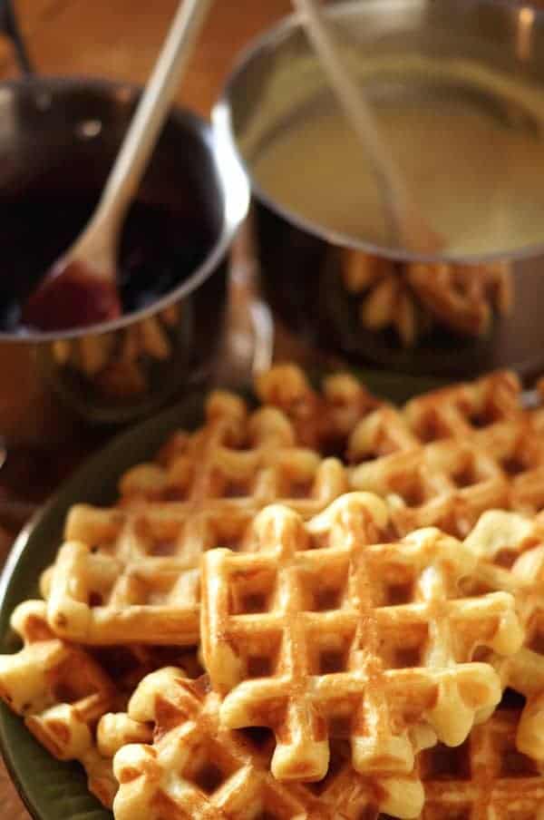 sourdough waffles with vanilla and berry sauce