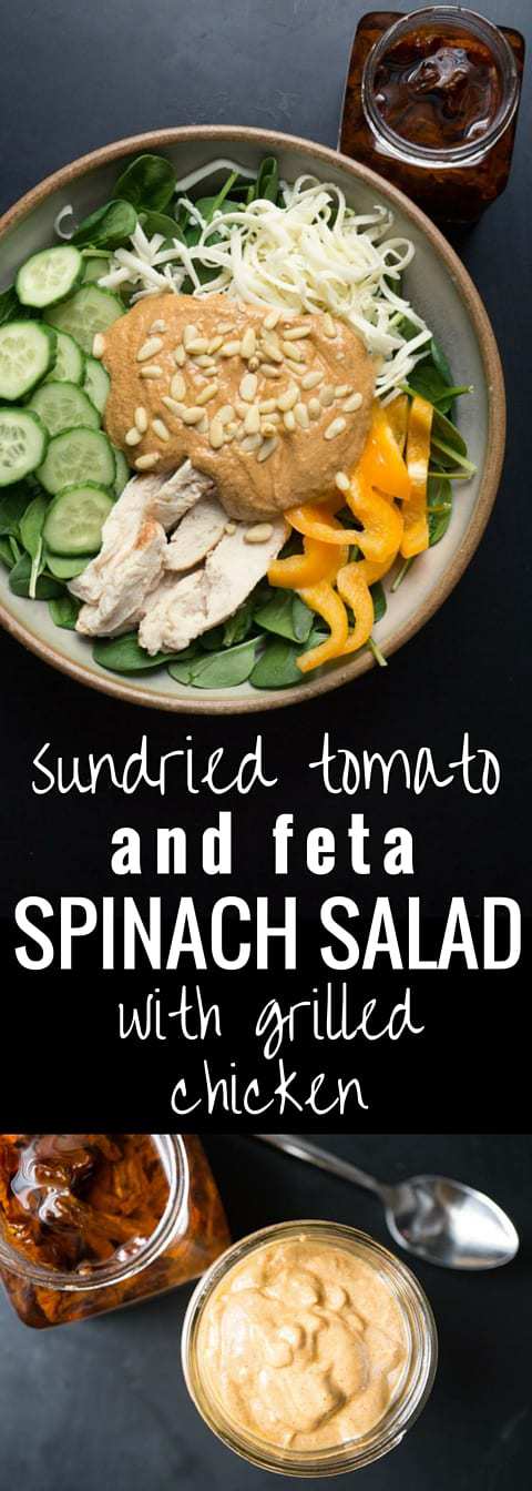 Sundried Tomato and Feta Spinach Salad with Grilled Chicken
