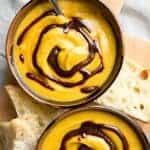 carmelized apple and butternut squash soup with balsamic drizzle