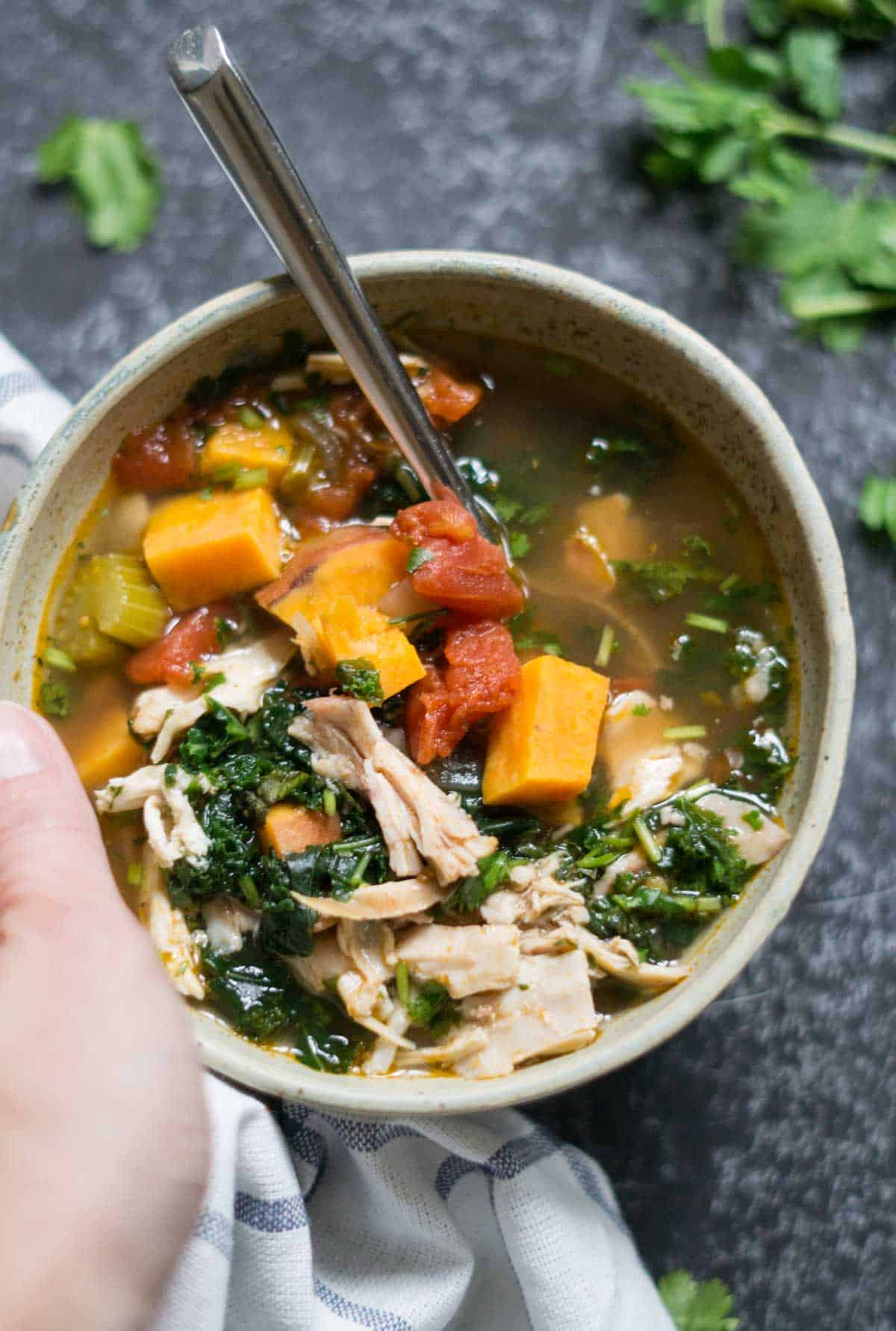 Kale soup with sweet potato and chicken