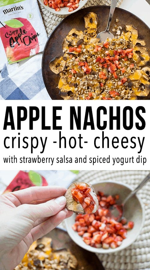 Healthy Apple Nachos: make these hot and cheesy apple nachos for a fun, kid friendly, after school snack! Topped with cheddar, walnuts, raisins, strawberry salsa, and dipped in spiced yogurt. 