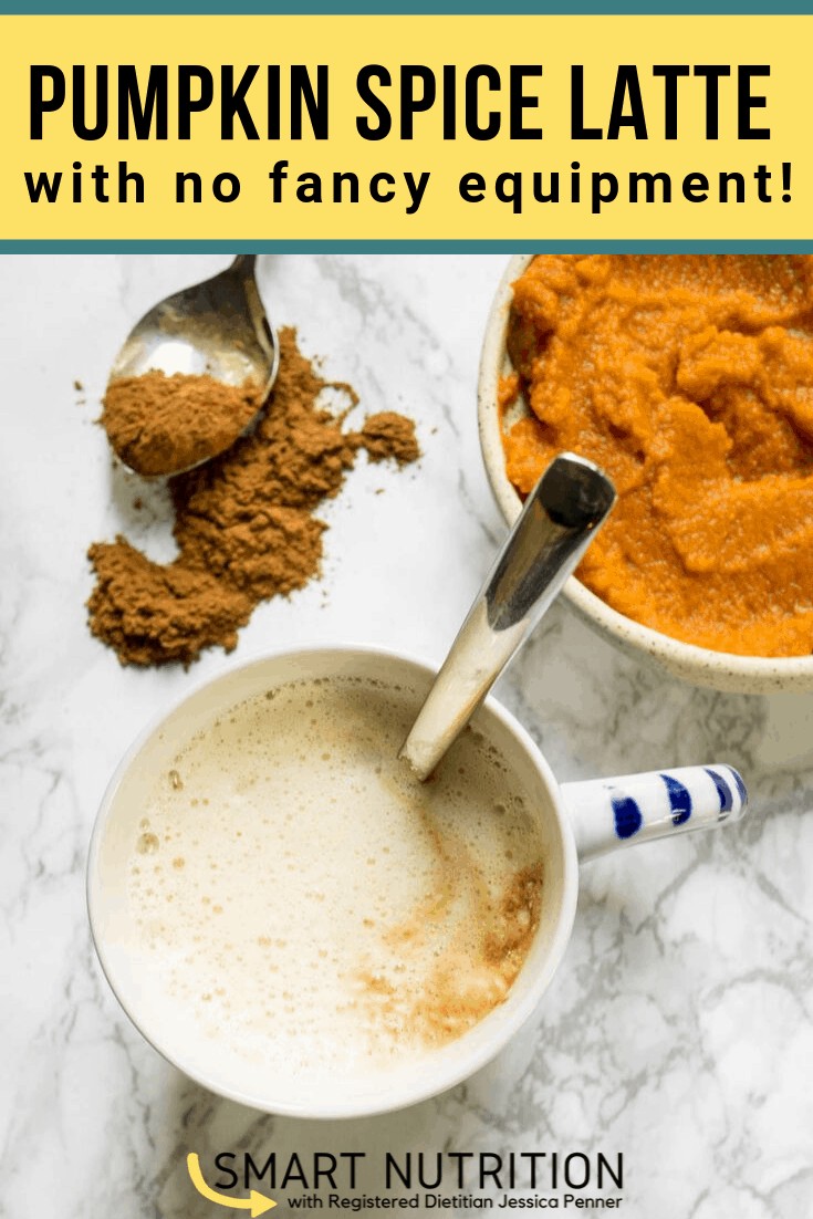 A homemade pumpkin spice latte with a spoonful of spices and a bowl of pumpkin puree.