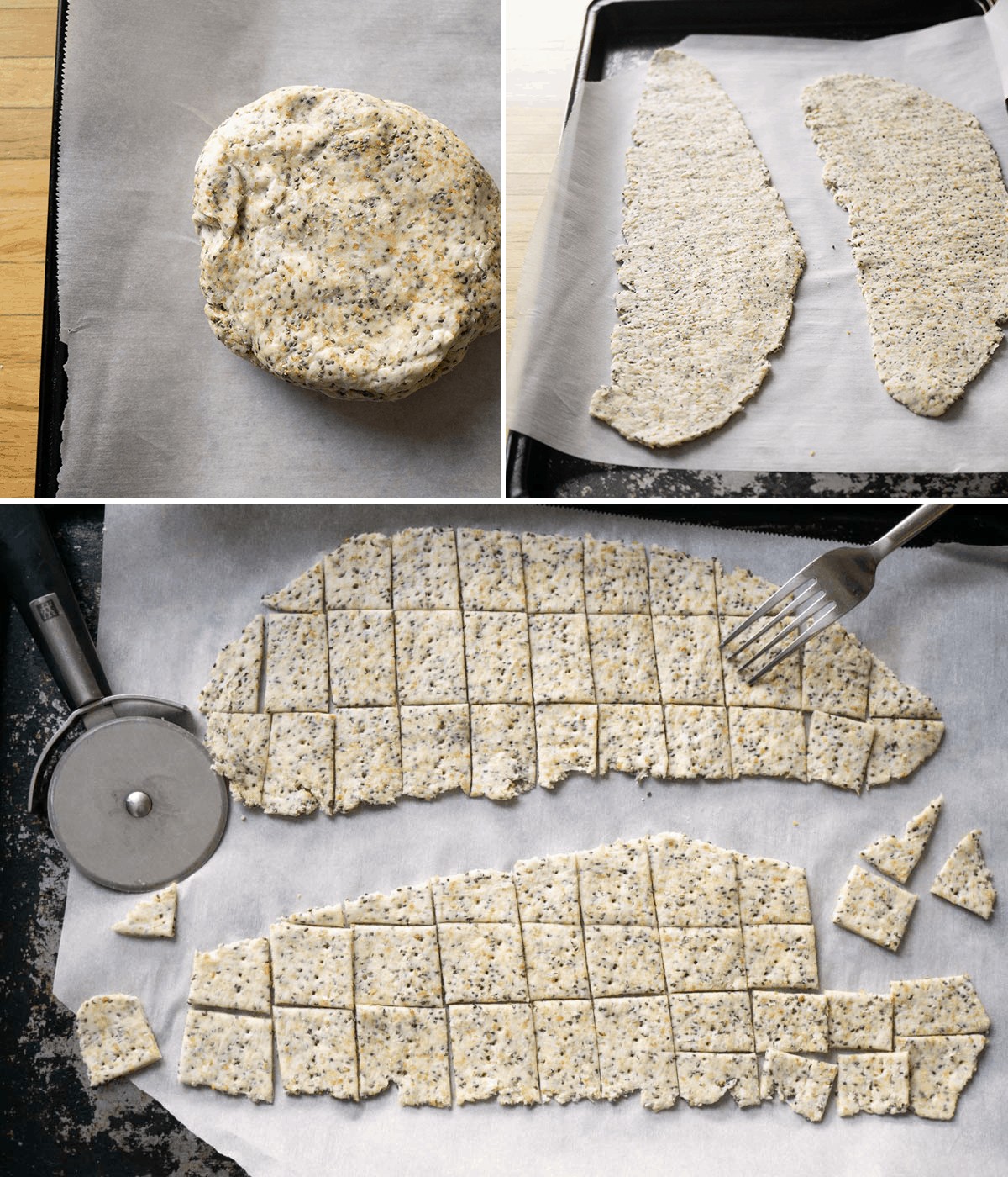 step by step process photo collage for sourdough crackers. 1. Dough. 2. Roll it out. 3. Slice into squares and prick with fork