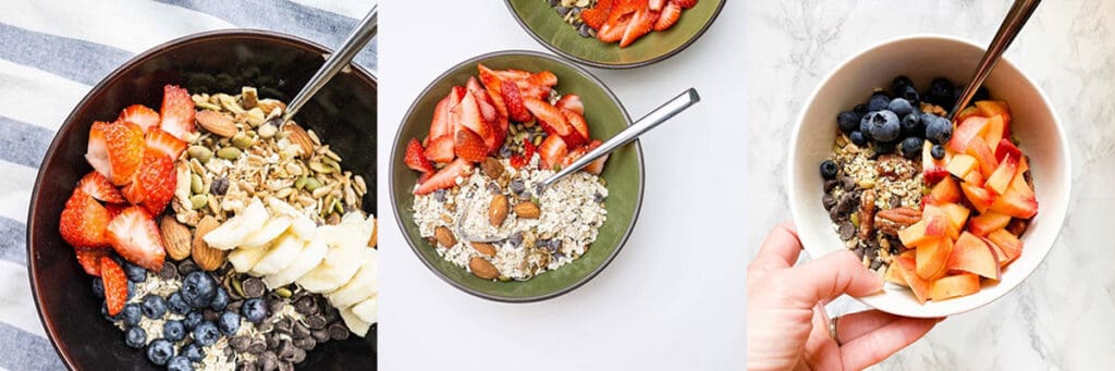 3 different examples of how to eat muesli with different fruit and nuts/seed combinations