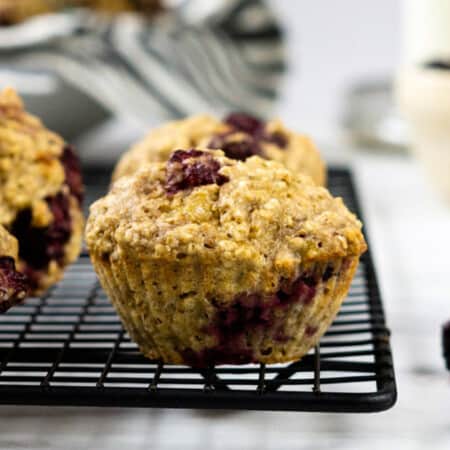 closeup photo of a blackberry oatmeal muffin
