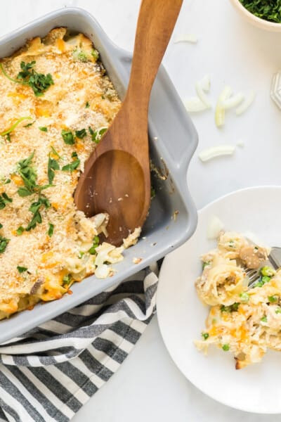Baking dish with creamy tuna noodle casserole with a serving spoon that has scooped out a plateful, which is right beside the baking dish.