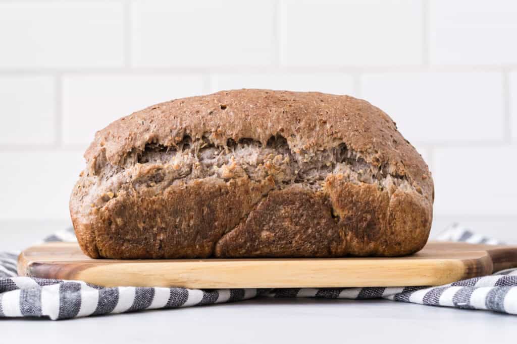 the side view of a loaf of vegan sourdough bread 