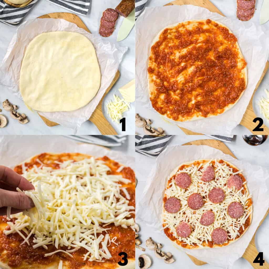 A collage of four images showing my preferred order of dressing a pizza. 1. sauce 2. cheese. 3. toppings