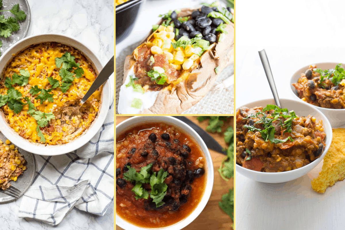 supper club collage for week 3 include tuna casserole, chipotle black beans, mexican potatoes, and smoky chili