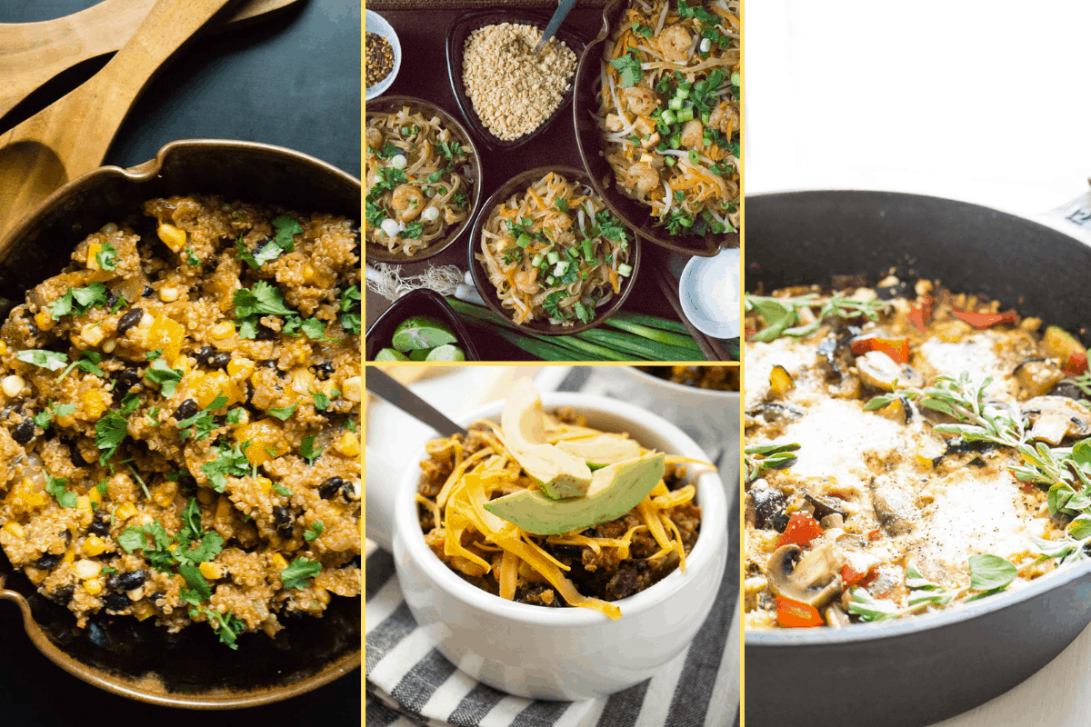 Collage of images of the supper club dinner meal plan for week two. Includes mexican quinoa, turky chili, pad thai, and baked egg ratatouille.