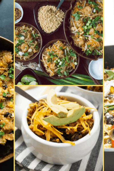 Collage of images of the supper club dinner meal plan for week two. Includes mexican quinoa, turky chili, pad thai, and baked egg ratatouille.