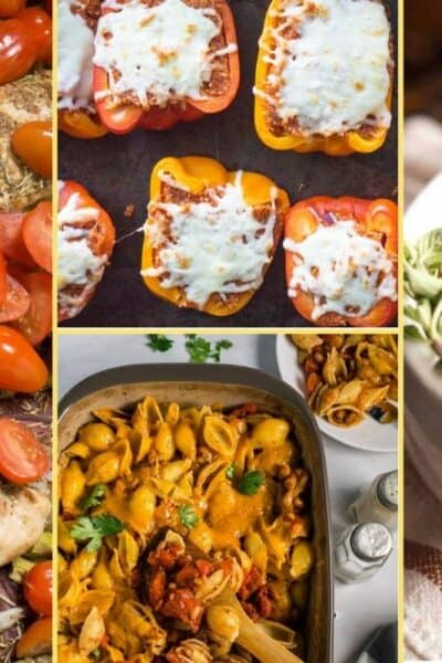 A collage of dinner recipes that make up the meal plan for week four.