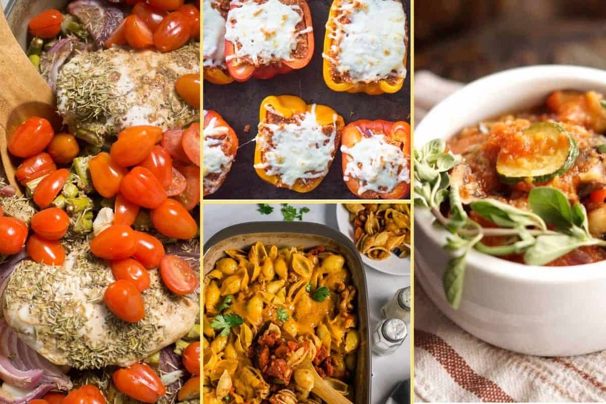 A collage of dinner recipes that make up the meal plan for week four.