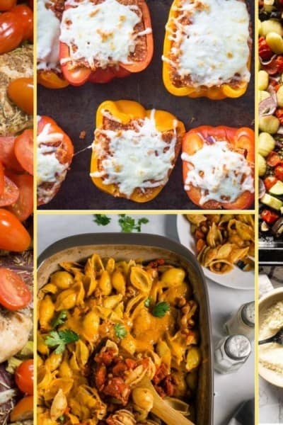 A collage of dinner recipes that make up the meal plan for week four.