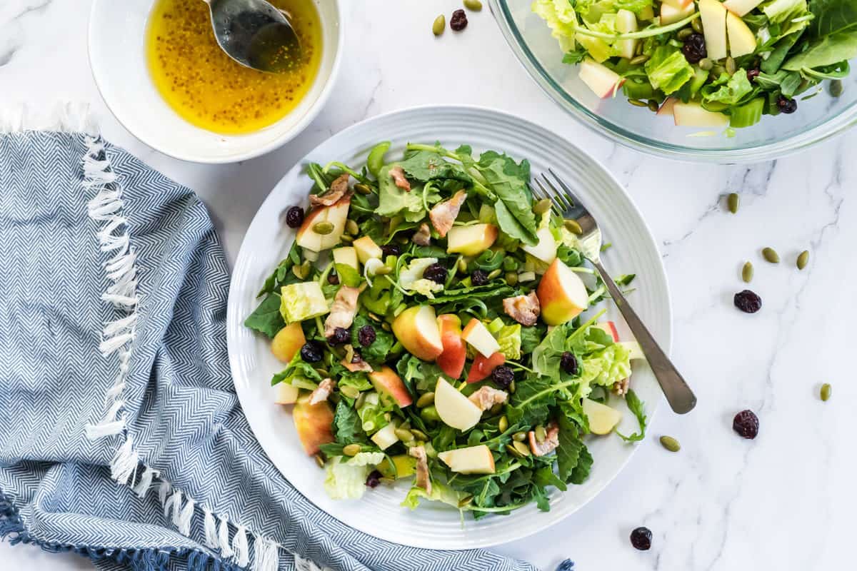 flatlay view of a plat of bacon apple arugula salad with cranberries, pumpkin seeds and a bowl of lemon vinaigrette on the side