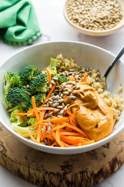 A bowl of almond chipotle power bowls.